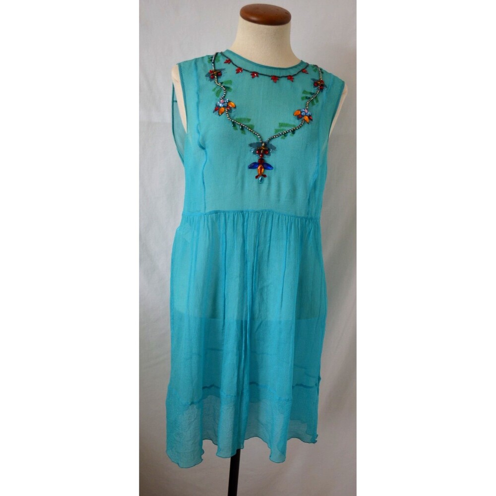 Philosophy di Alberta Ferretti Sheer Silk Dress Italy 40 US 4 Teal Rhinestones